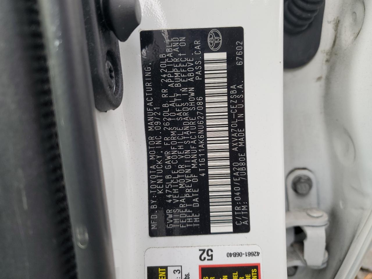 2022 TOYOTA CAMRY SE VIN:4T1G11AK6NU627086