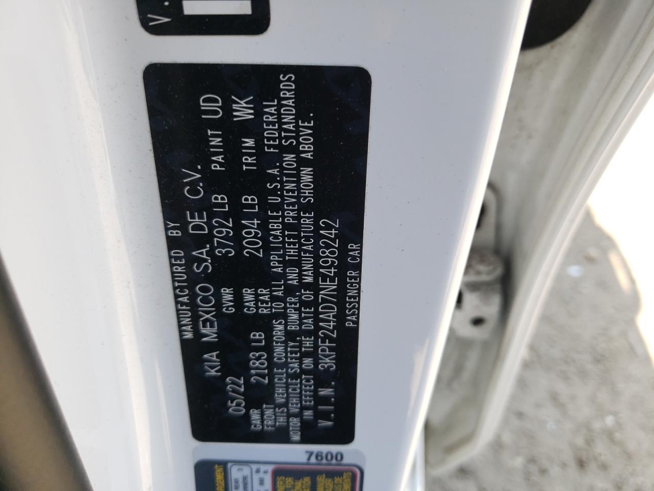 2022 KIA FORTE FE VIN:3KPF24AD7NE498242
