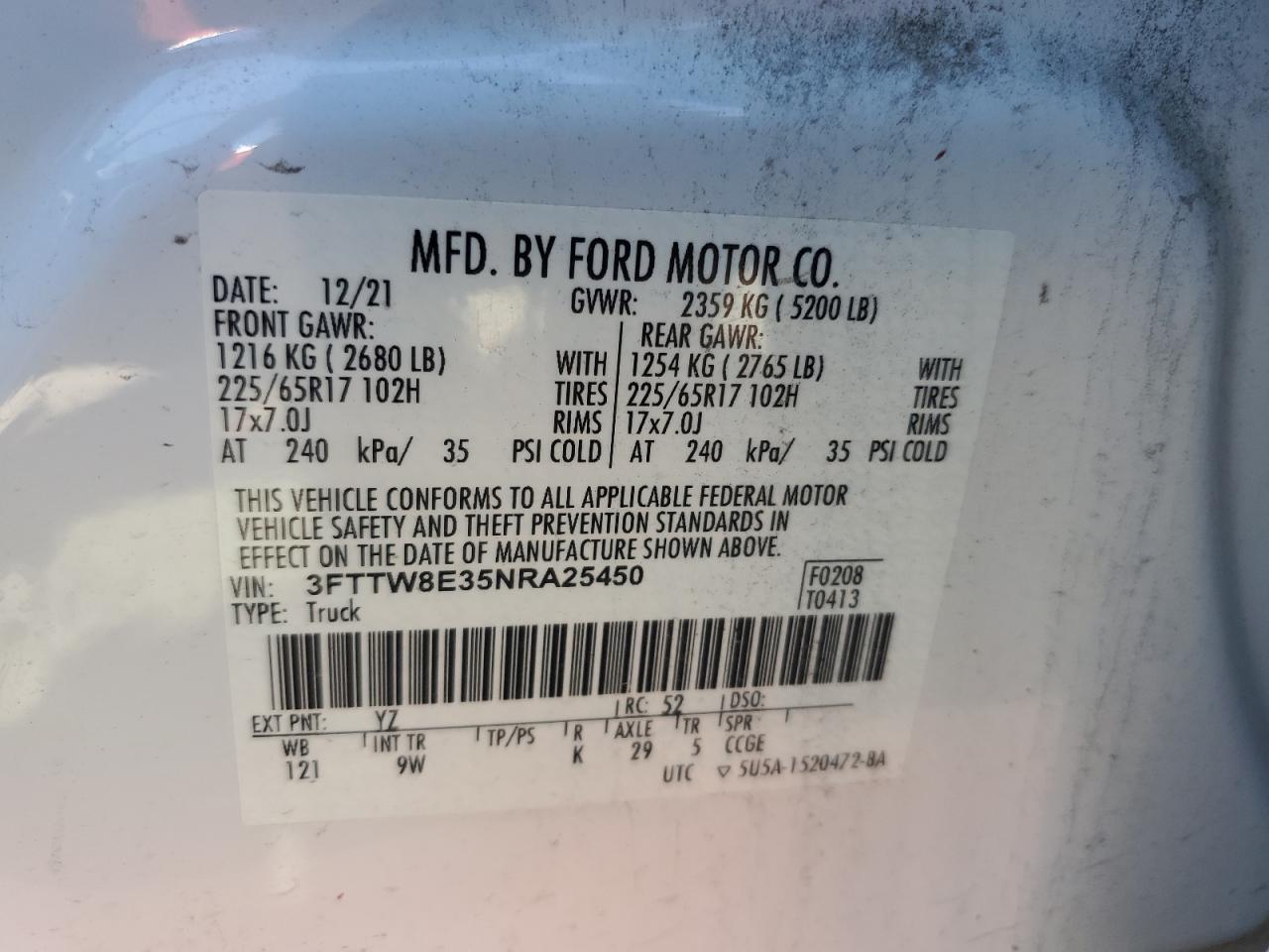 2022 FORD MAVERICK XL VIN:3FTTW8E35NRA25450