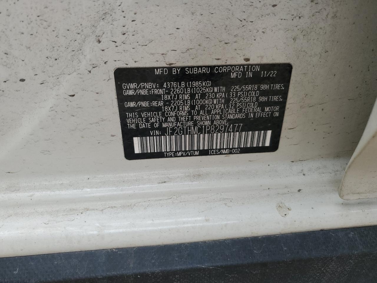 2023 SUBARU CROSSTREK LIMITED VIN:JF2GTHMC1P8297477