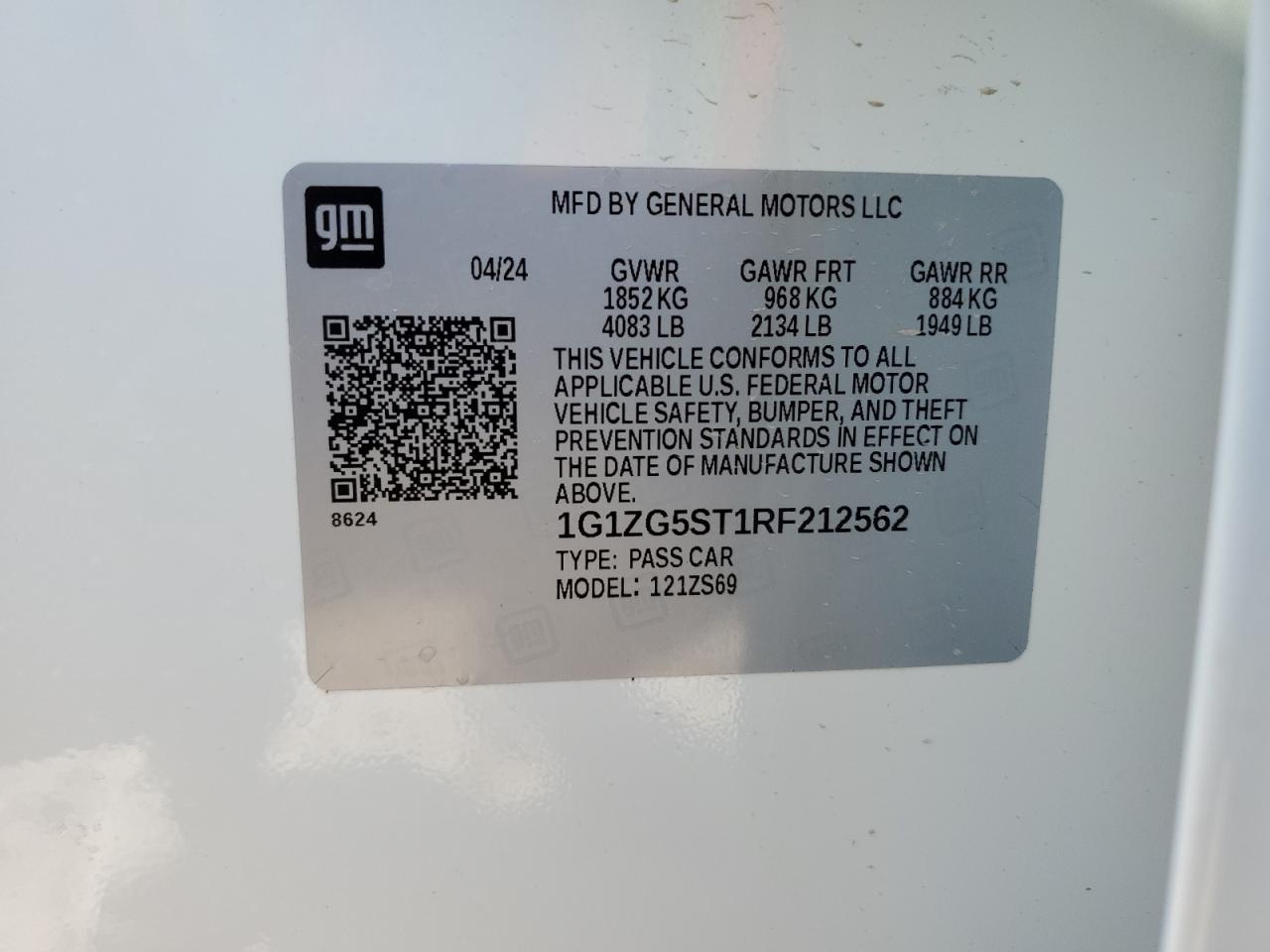 2024 CHEVROLET MALIBU RS VIN:1G1ZG5ST1RF212562