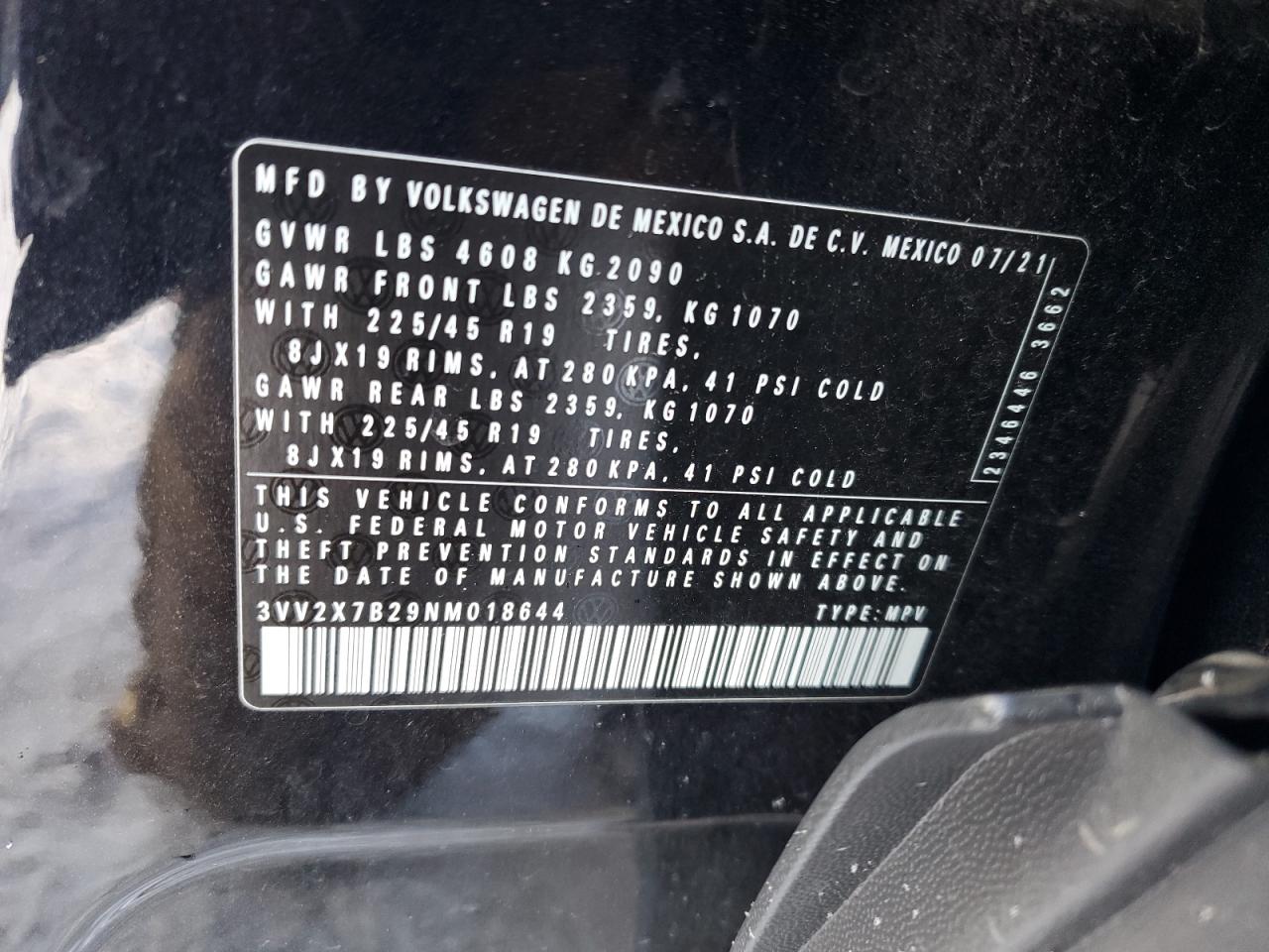 2022 VOLKSWAGEN TAOS SEL VIN:3VV2X7B29NM018644