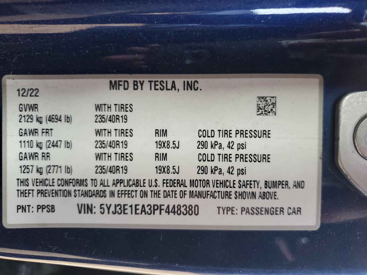 2023 TESLA MODEL 3  VIN:5YJ3E1EA3PF448380