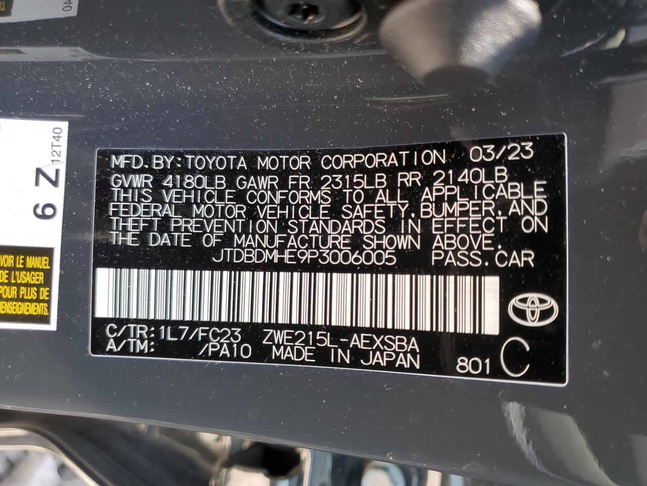 2023 TOYOTA COROLLA LE VIN:JTDBDMHE9P3006005