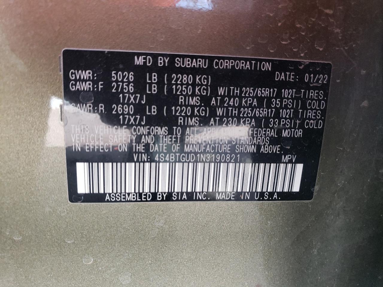 2022 SUBARU OUTBACK WILDERNESS VIN:4S4BTGUD1N3190821