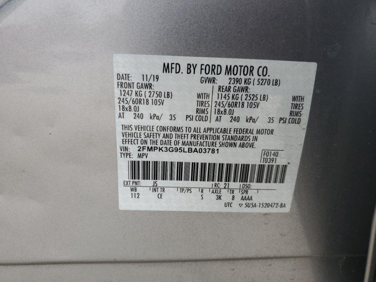 2023 FORD EDGE SE VIN:2FMPK3G95LBA03781