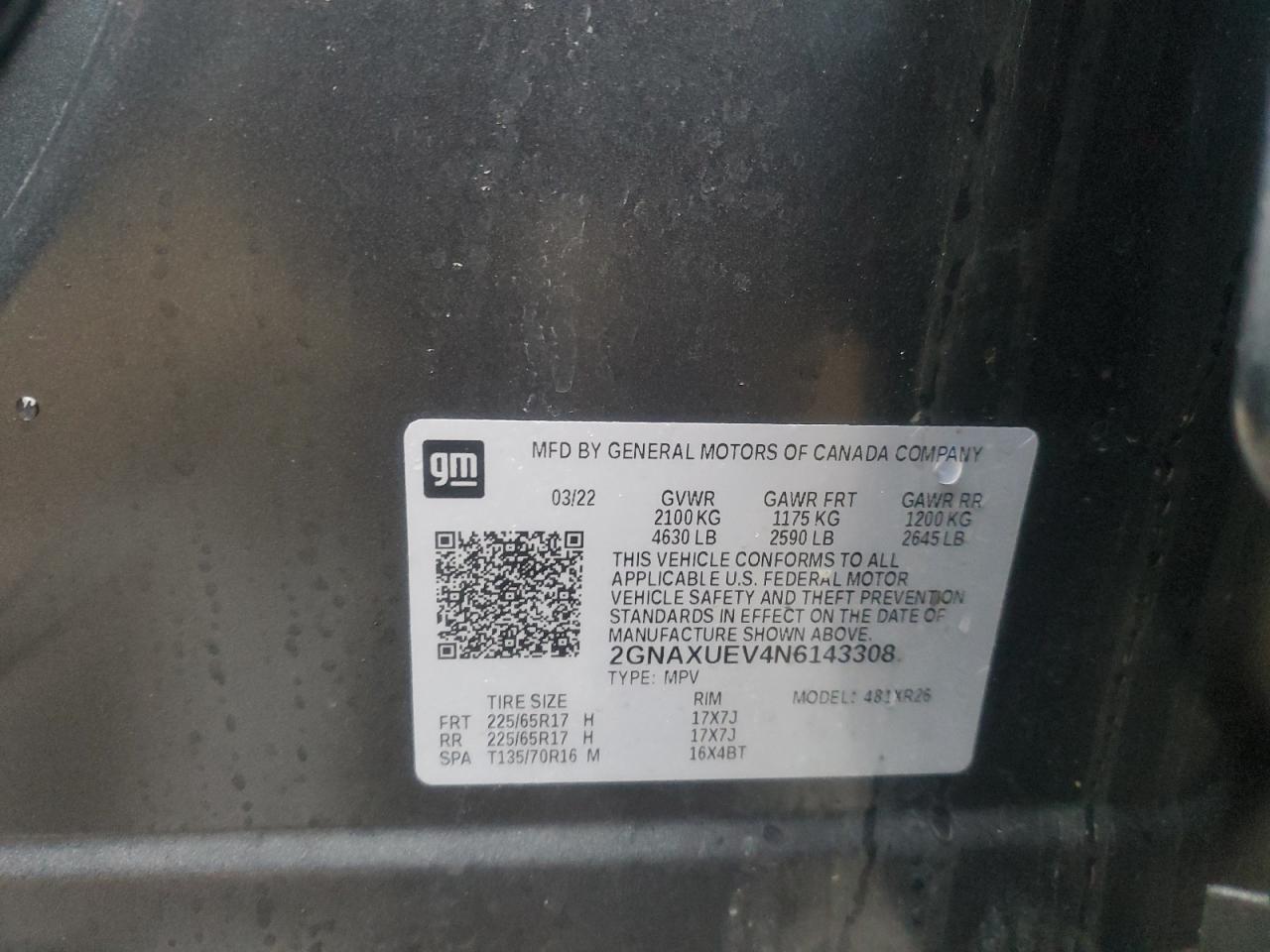 2022 CHEVROLET EQUINOX LT VIN:2GNAXUEV4N6143308