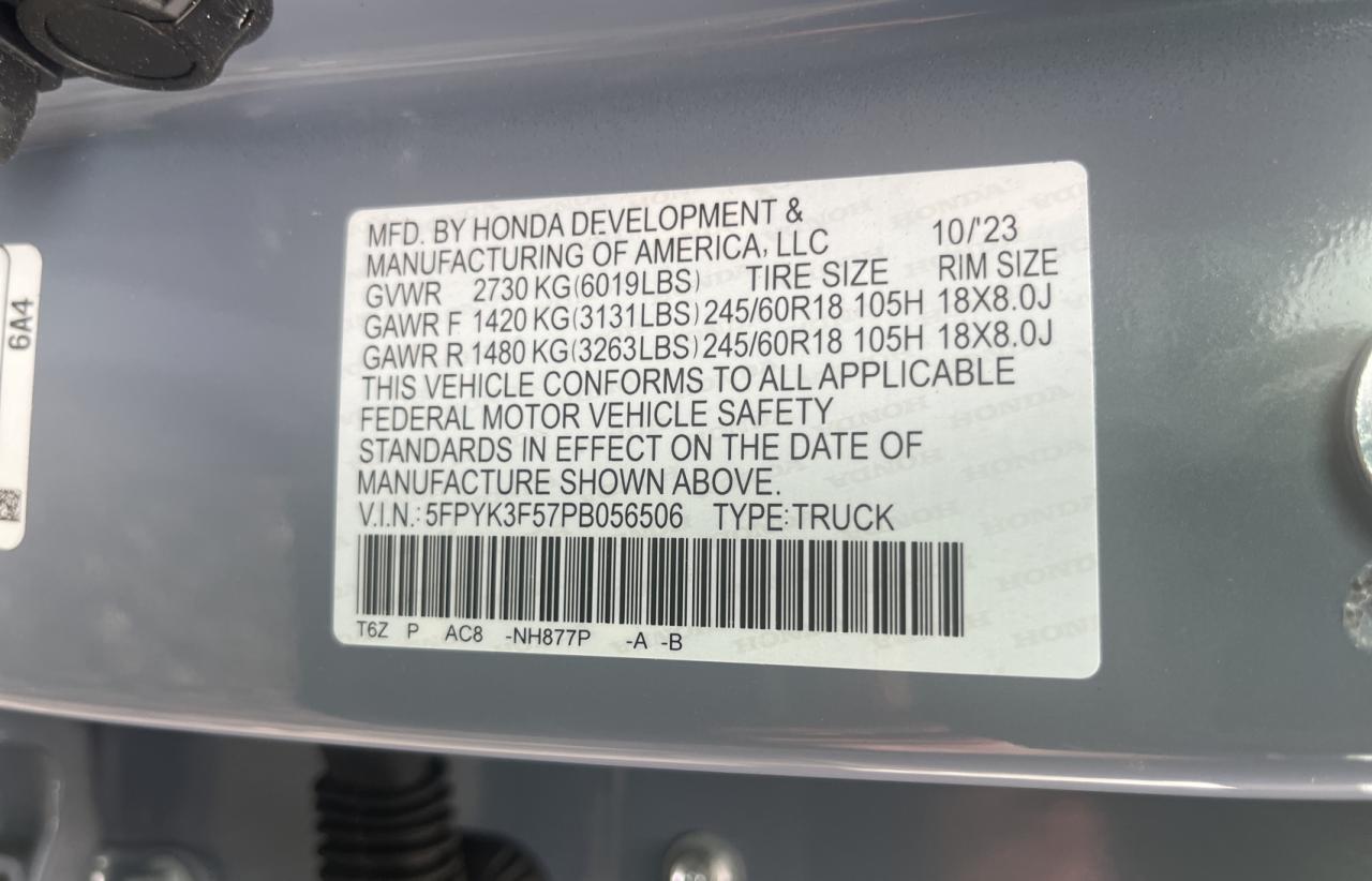 2023 HONDA RIDGELINE RTL VIN:5FPYK3F57PB056506