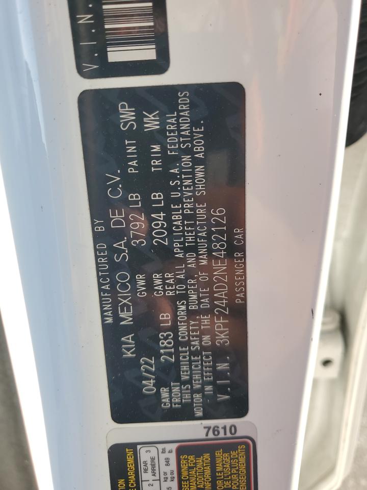 2022 KIA FORTE FE VIN:3KPF24AD2NE482126