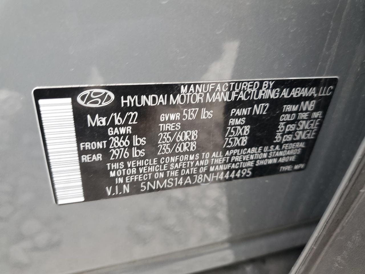 2022 HYUNDAI SANTA FE SE VIN:5NMS14AJ8NH444495