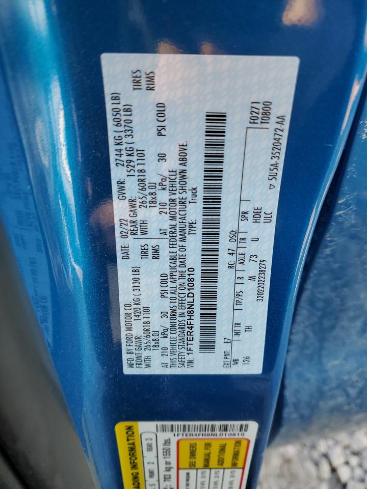 2022 FORD RANGER XL VIN:1FTER4FH8NLD10810