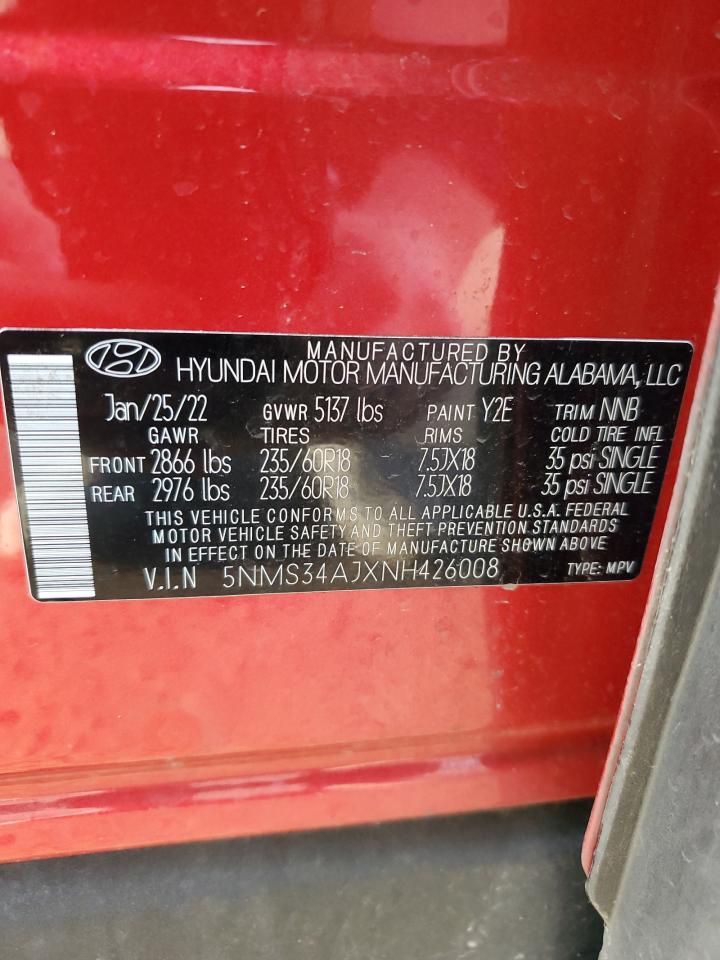 2022 HYUNDAI SANTA FE SEL VIN:5NMS34AJXNH426008