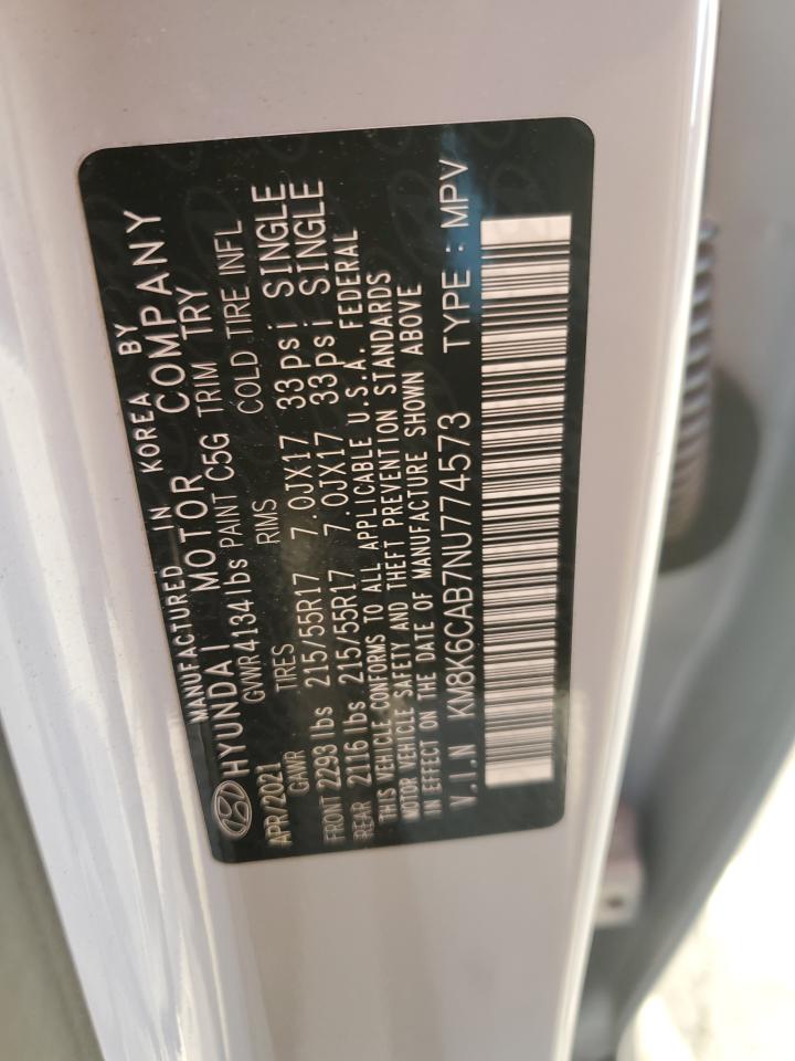 2022 HYUNDAI KONA SEL VIN:KM8K6CAB7NU774573