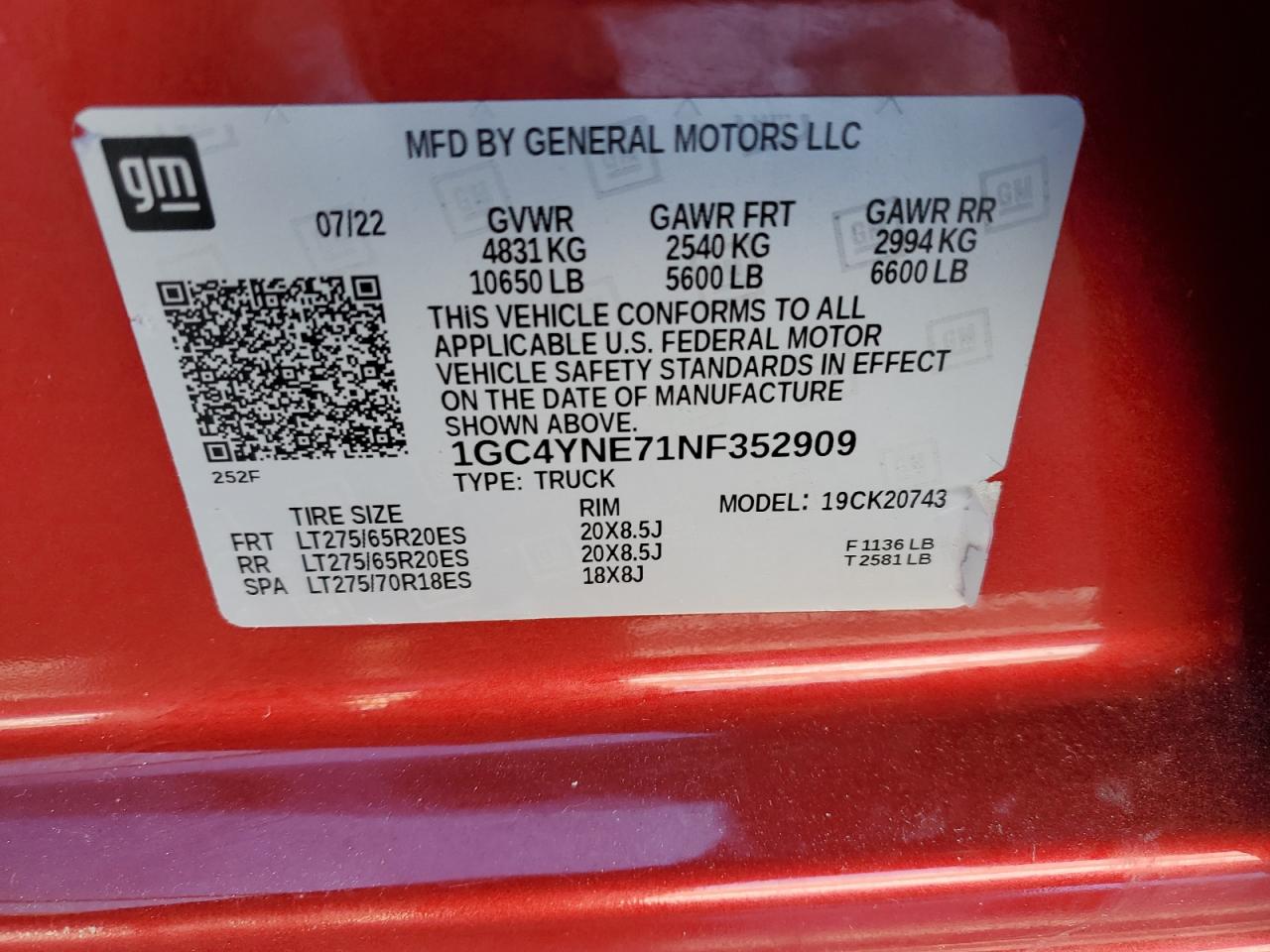 2022 CHEVROLET SILVERADO K2500 HEAVY DUTY LT VIN:1GC4YNE71NF352909