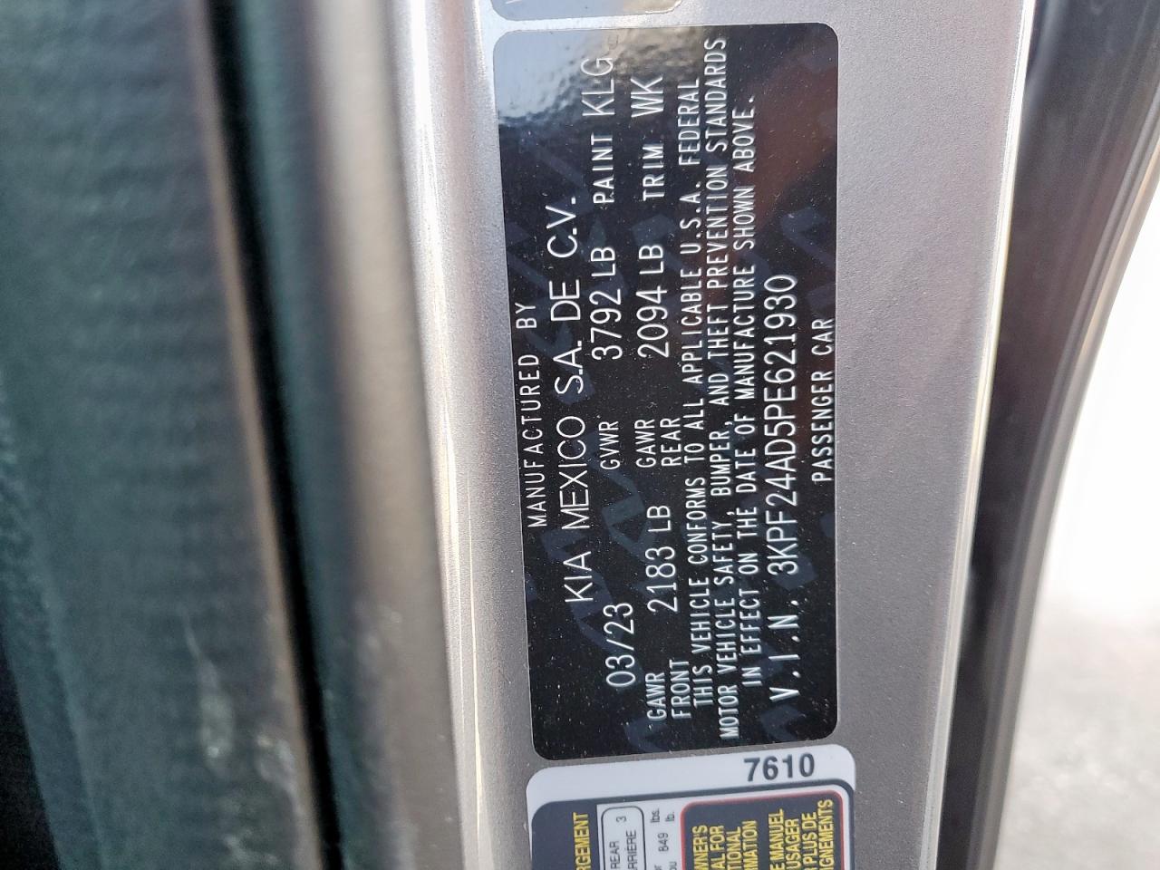 2023 KIA FORTE LX VIN:3KPF24AD5PE621930