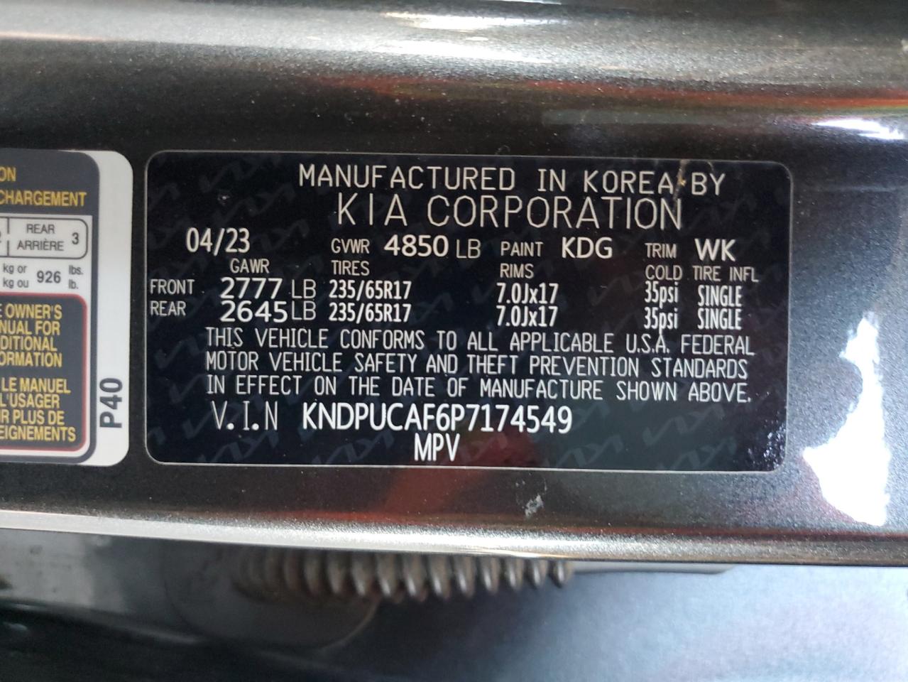 2023 KIA SPORTAGE LX VIN:KNDPUCAF6P7174549