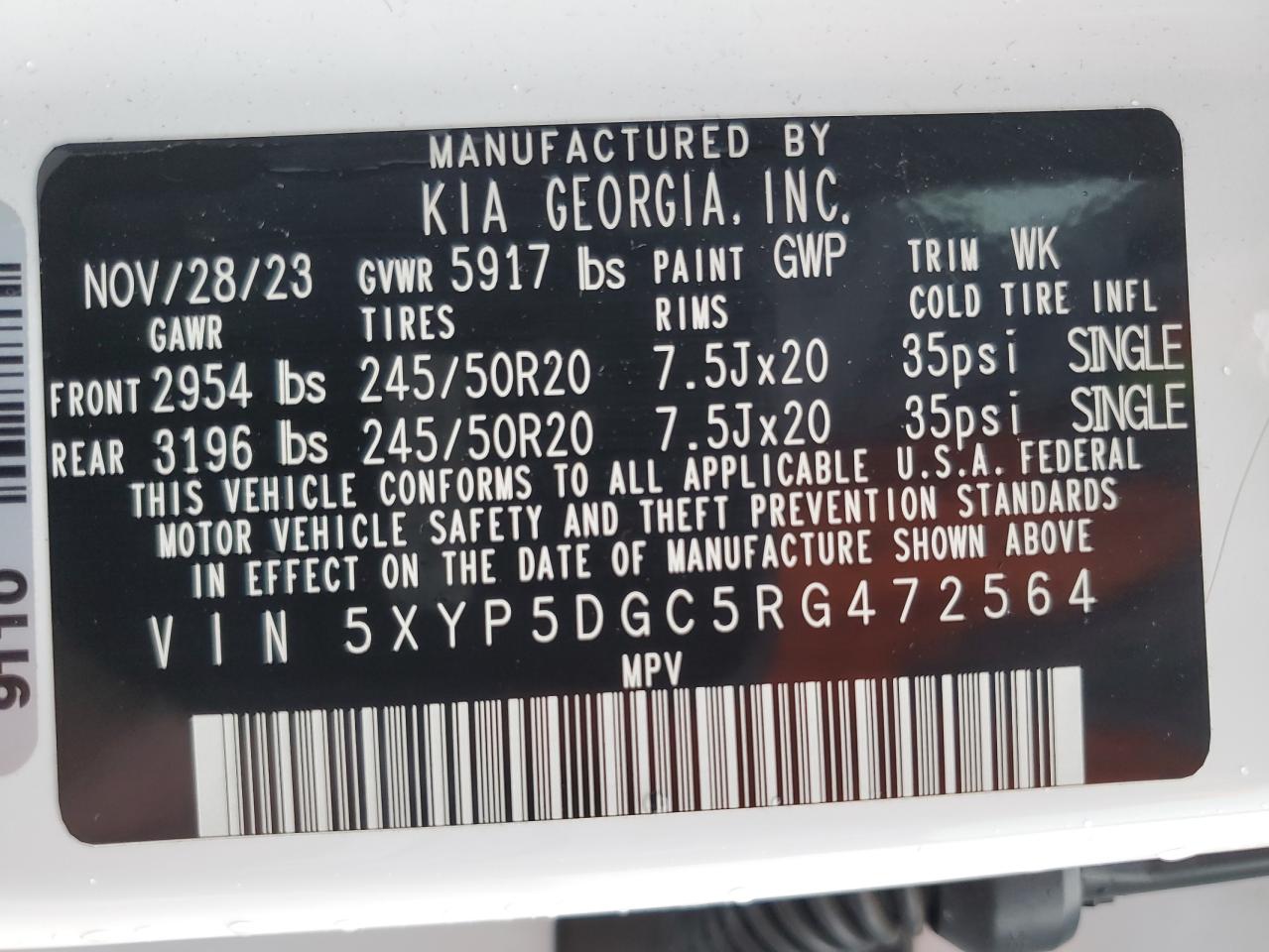 2024 KIA TELLURIDE SX VIN:5XYP5DGC5RG472564