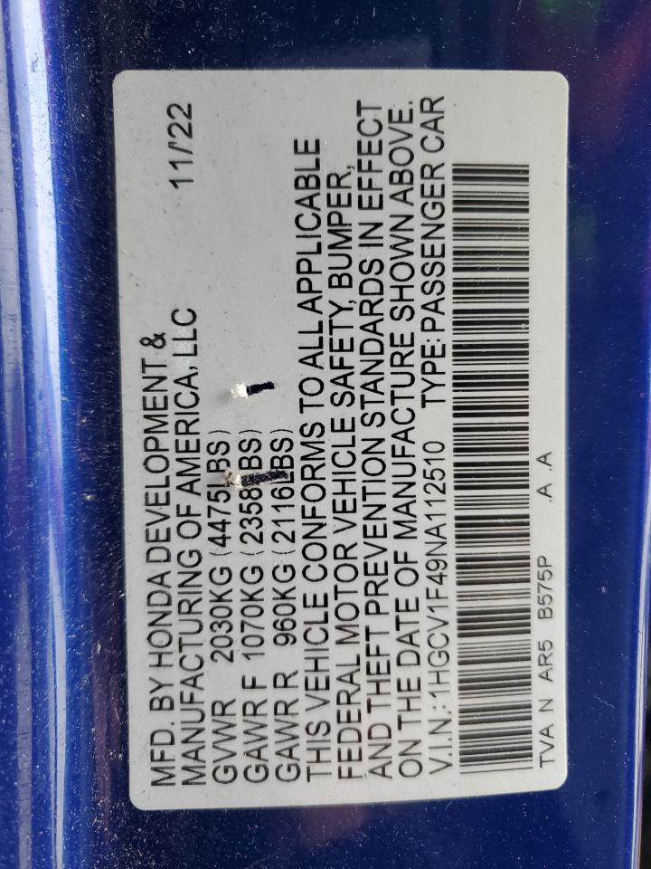 2022 HONDA ACCORD SPORT SE VIN:1HGCV1F49NA112510