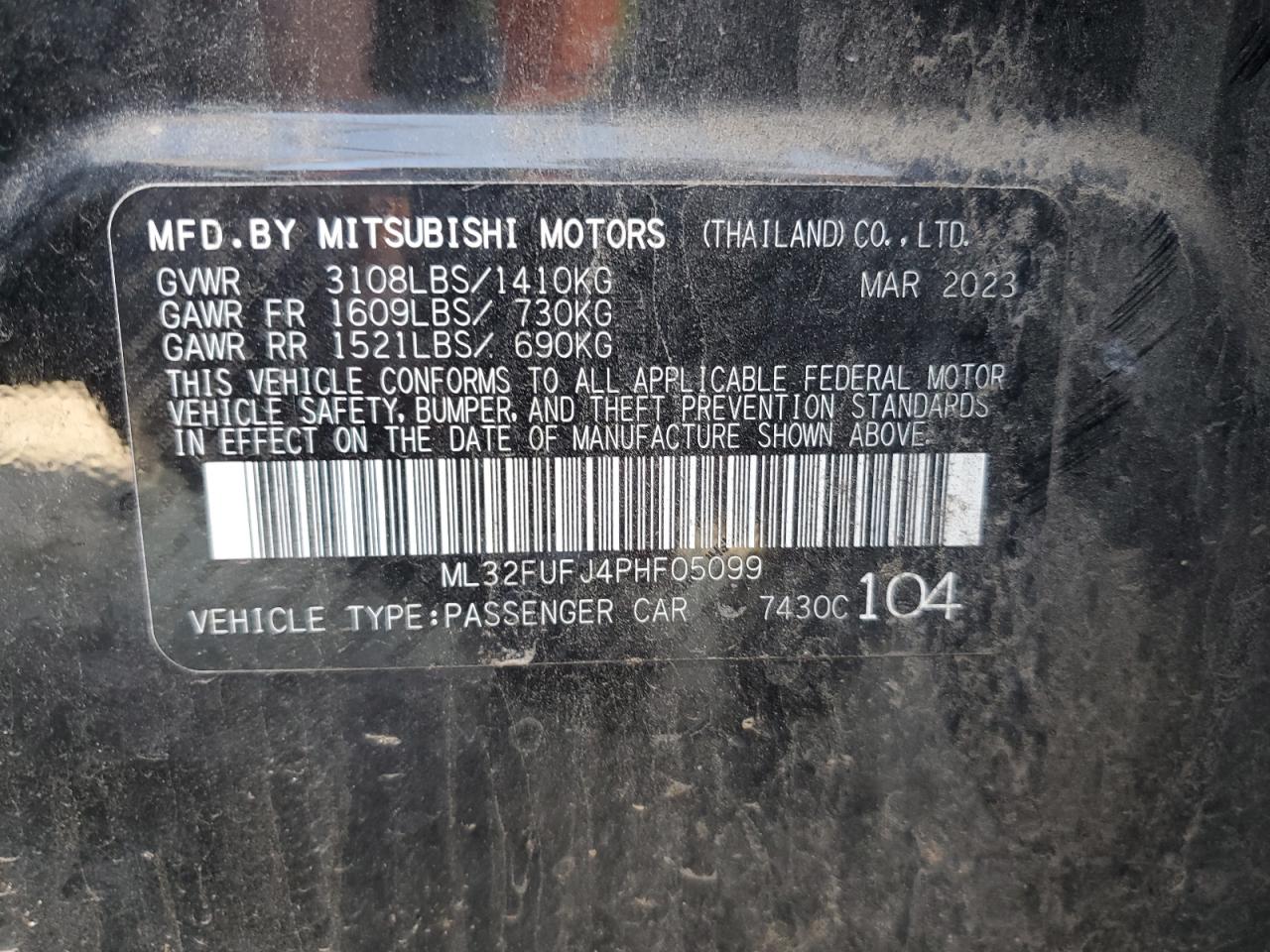 2023 MITSUBISHI MIRAGE G4 ES VIN:ML32FUFJ4PHF05099