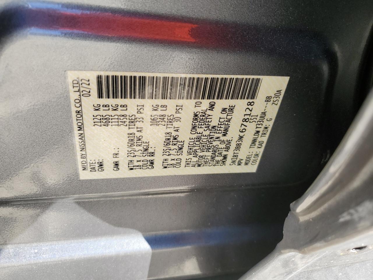 2022 NISSAN ROGUE SV VIN:5N1BT3BB3NC678128