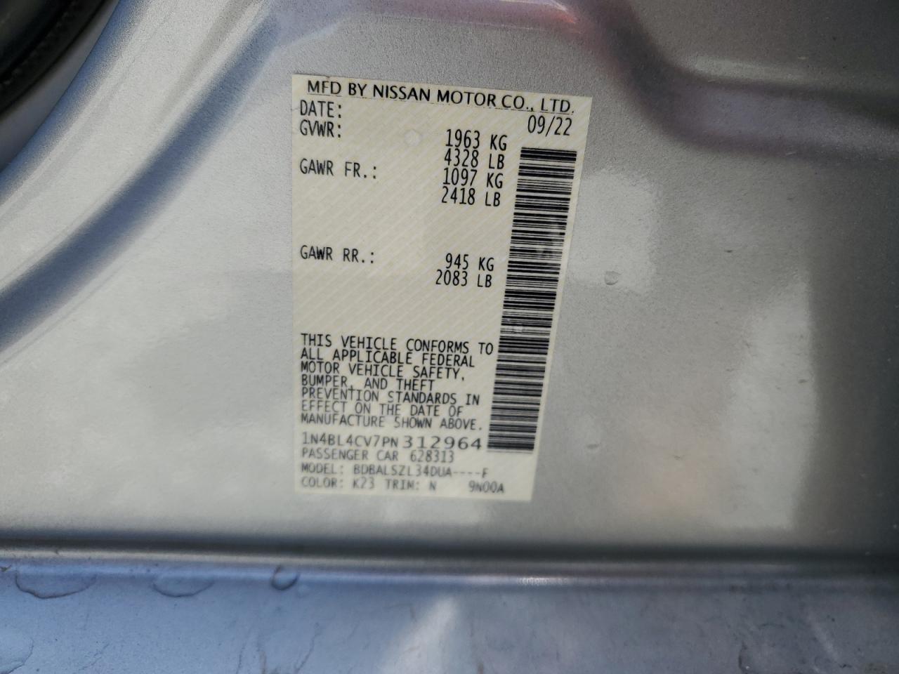 2023 NISSAN ALTIMA SR VIN:1N4BL4CV7PN312964