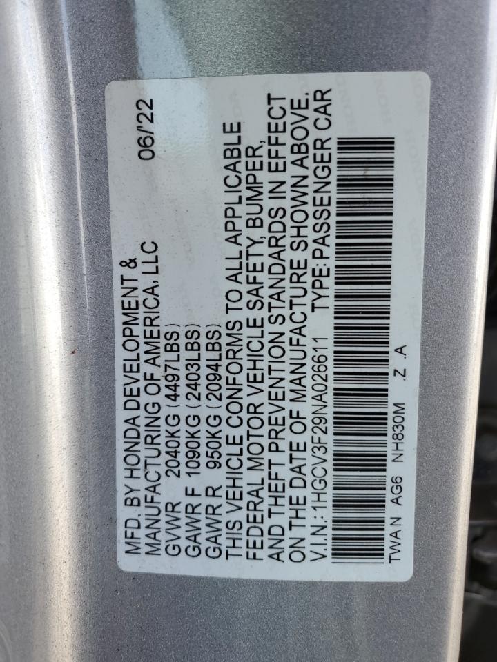 2022 HONDA ACCORD HYBRID SPORT VIN:1HGCV3F29NA026611