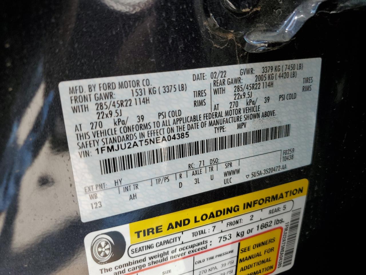 2022 FORD EXPEDITION LIMITED VIN:1FMJU2AT5NEA04385