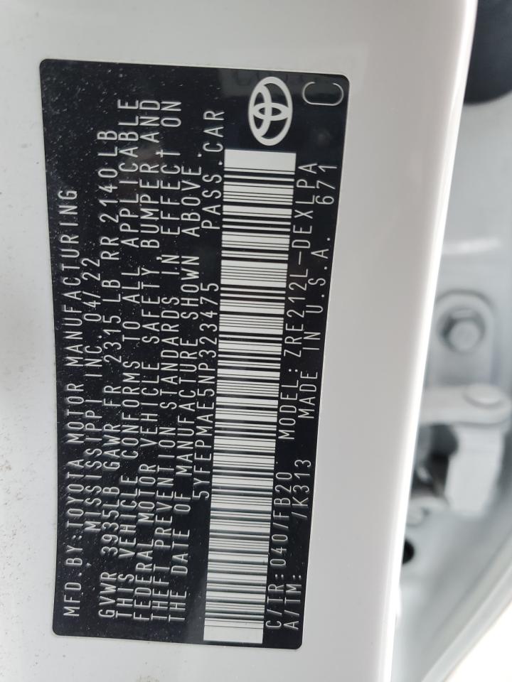 2022 TOYOTA COROLLA LE VIN:5YFEPMAE5NP323475