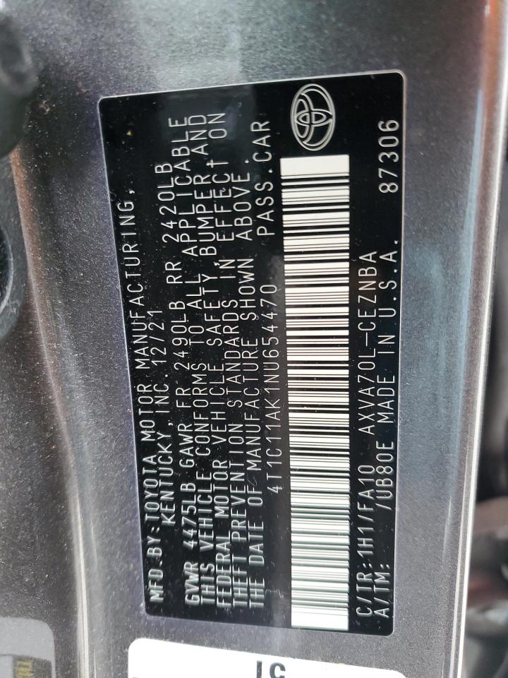 2022 TOYOTA CAMRY LE VIN:4T1C11AK1NU654470