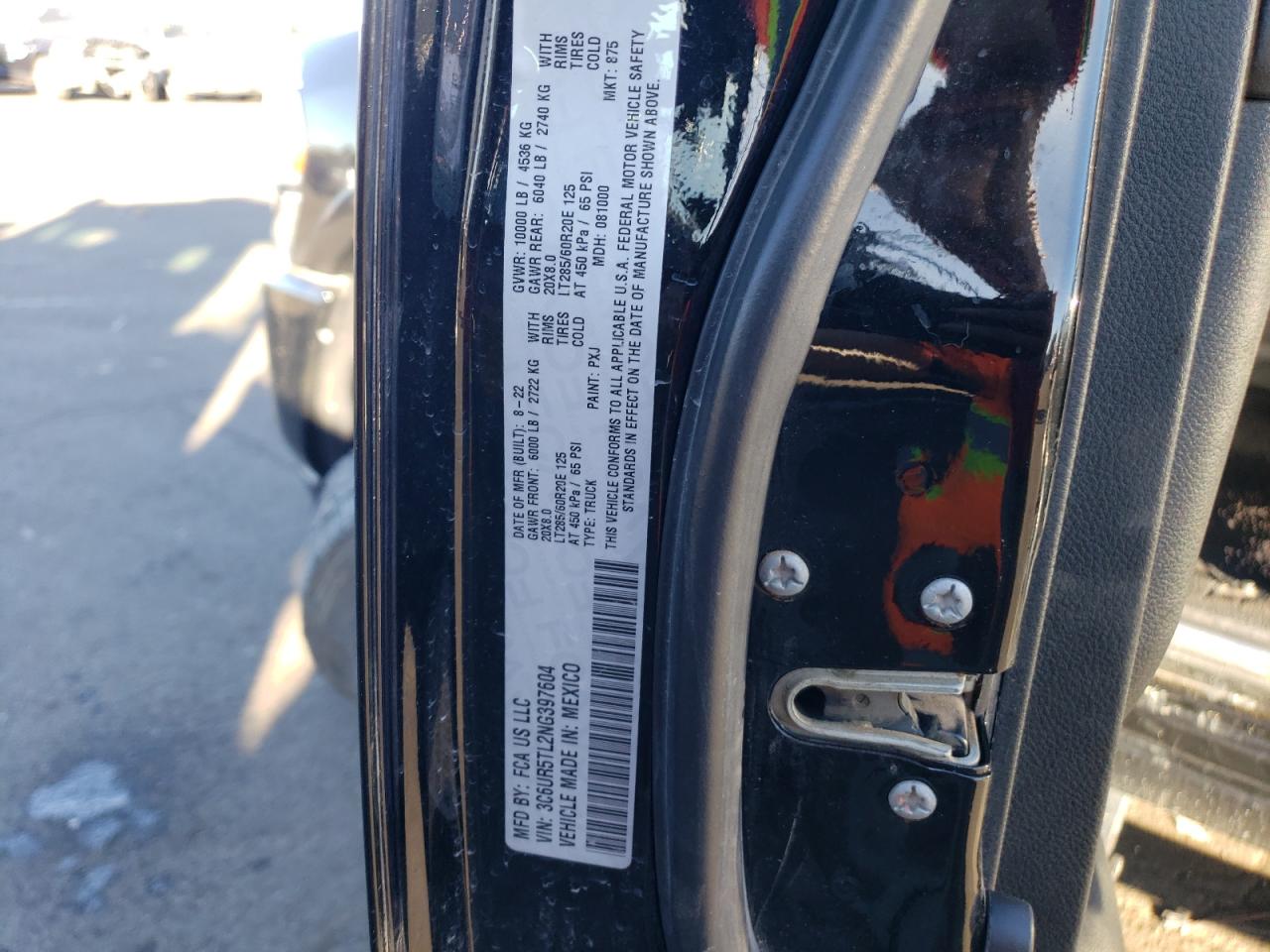 2022 RAM 2500 LIMITED VIN:3C6UR5TL2NG397604