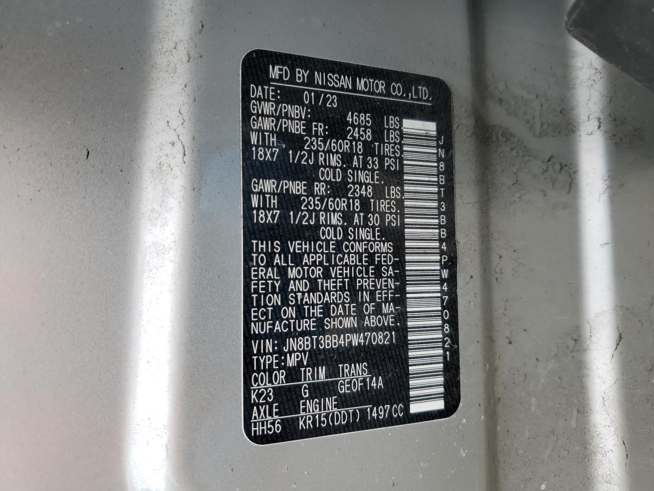 2023 NISSAN ROGUE SV VIN:JN8BT3BB4PW470821