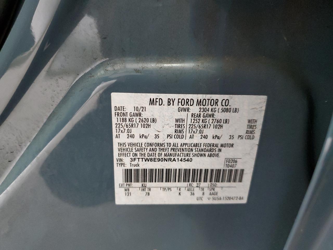 2022 FORD MAVERICK XL VIN:3FTTW8E90NRA14540