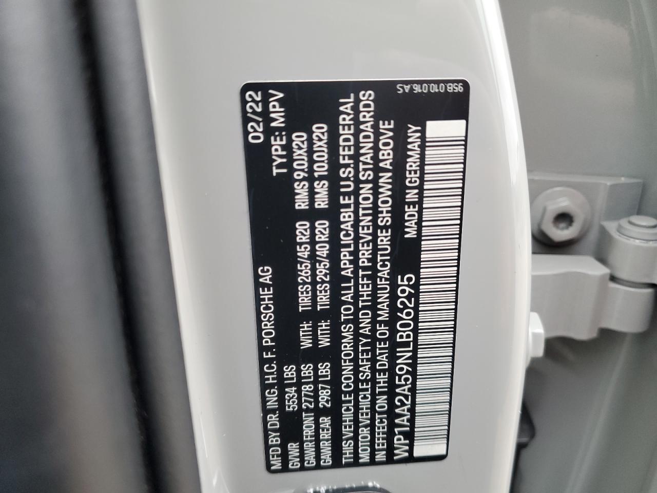 2022 PORSCHE MACAN  VIN:WP1AA2A59NLB06295