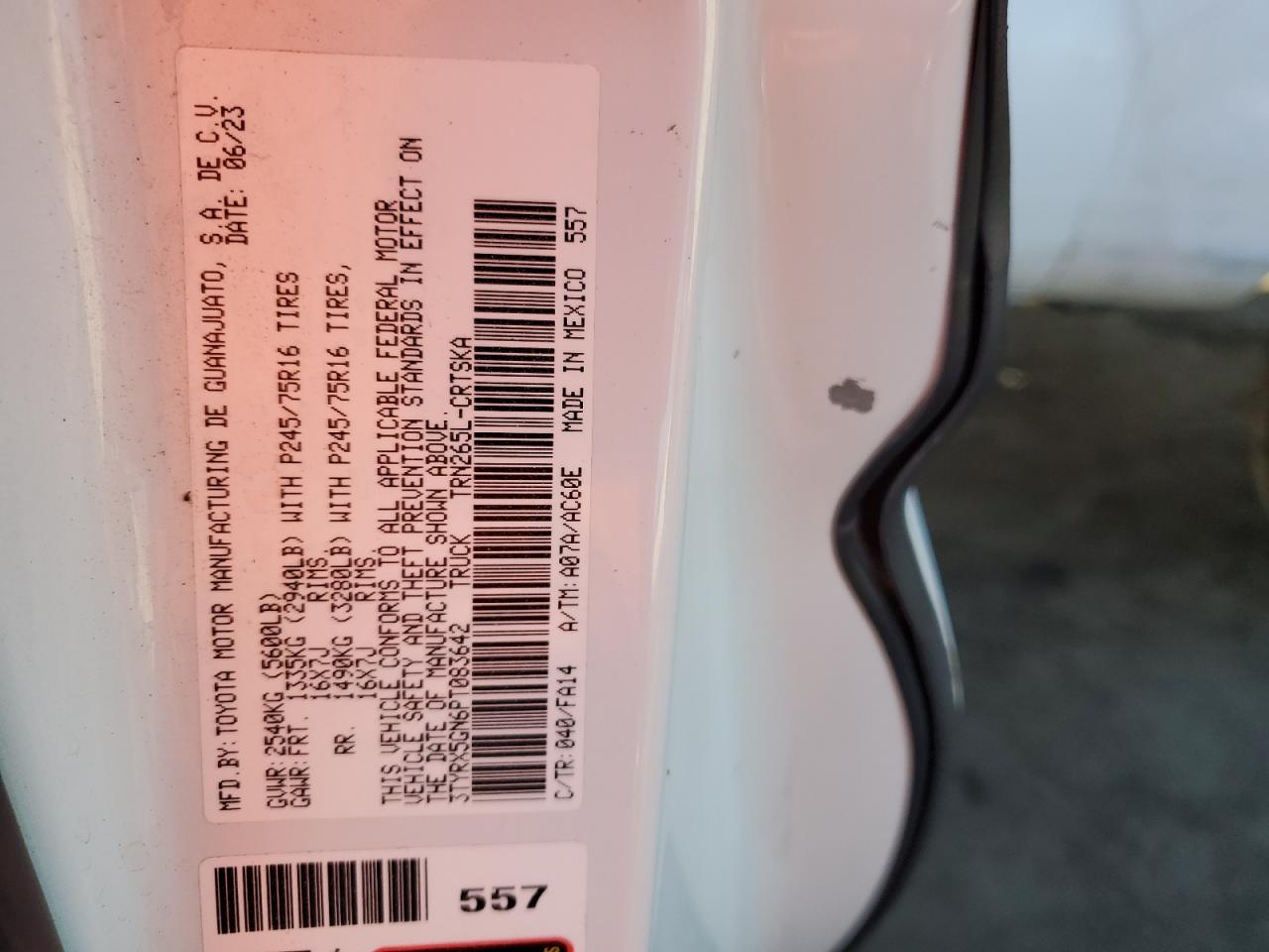 2023 TOYOTA TACOMA ACCESS CAB VIN:3TYRX5GN6PT083642