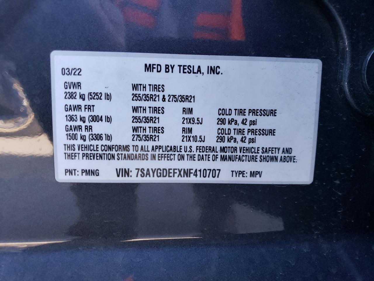 2022 TESLA MODEL Y  VIN:7SAYGDEFXNF410707