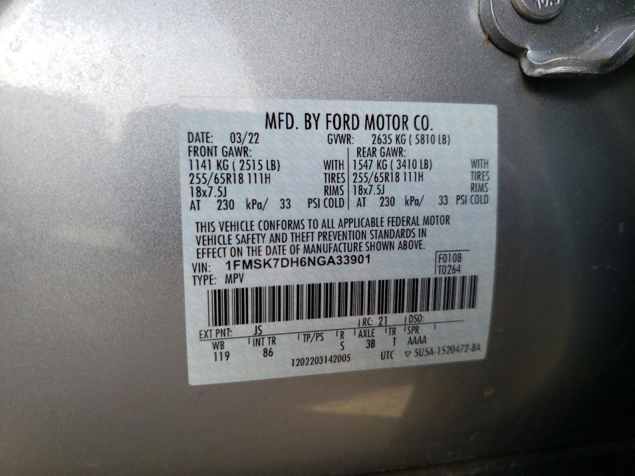 2022 FORD EXPLORER XLT VIN:1FMSK7DH6NGA33901