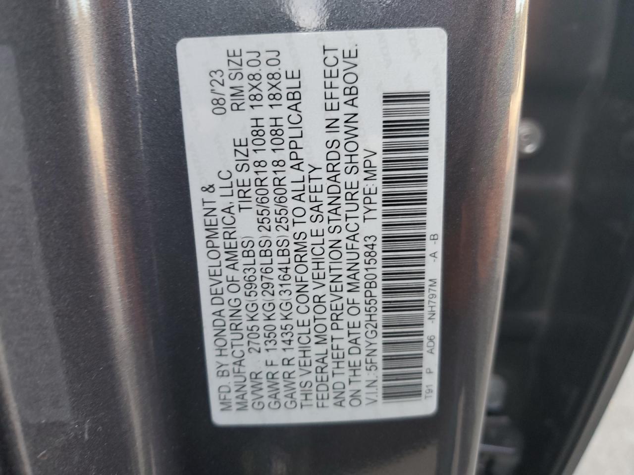 2023 HONDA PILOT EXL VIN:5FNYG2H55PB015843