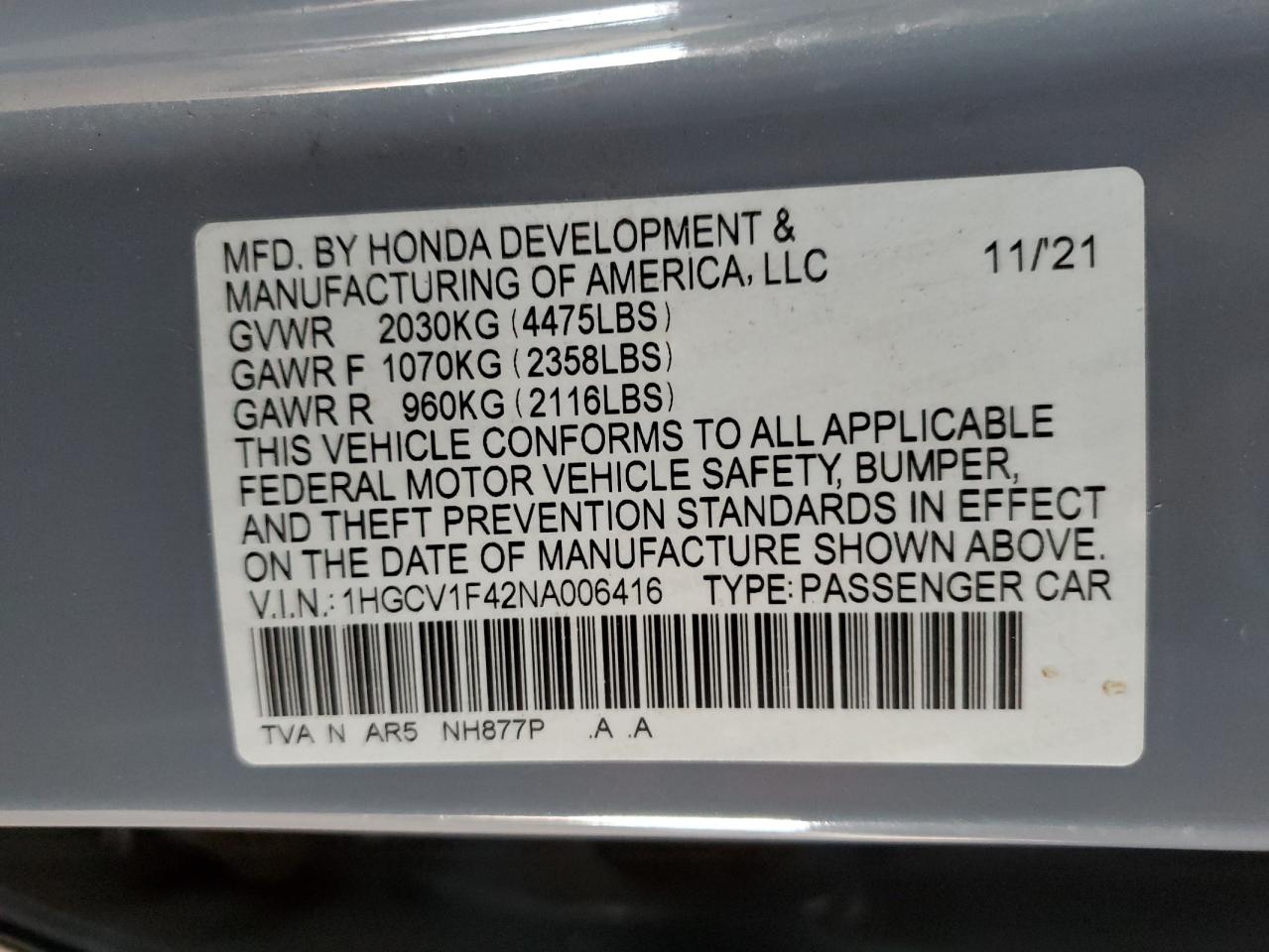 2022 HONDA ACCORD SPORT SE VIN:1HGCV1F42NA006416