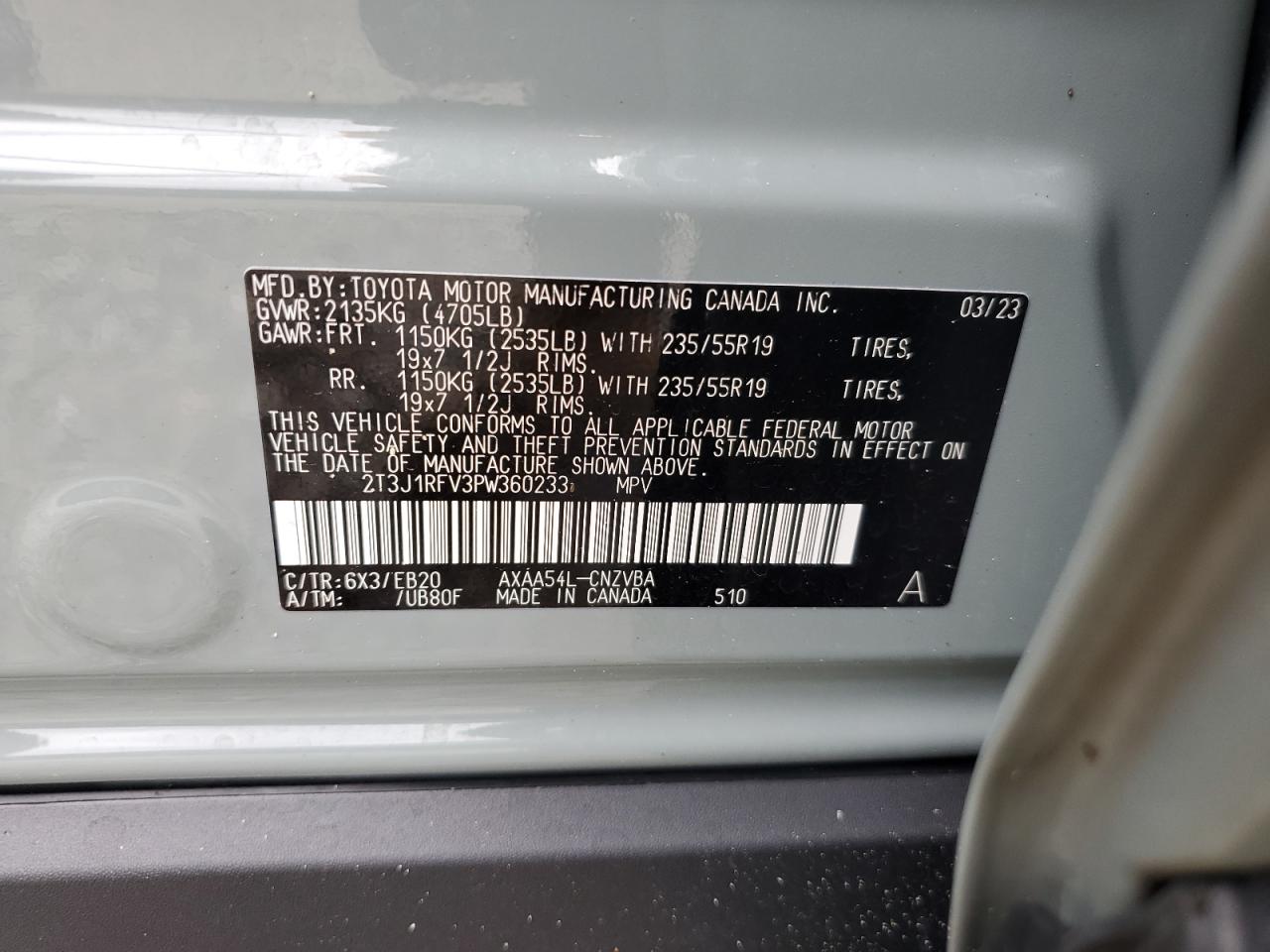 2023 TOYOTA RAV4 ADVENTURE VIN:2T3J1RFV3PW360233