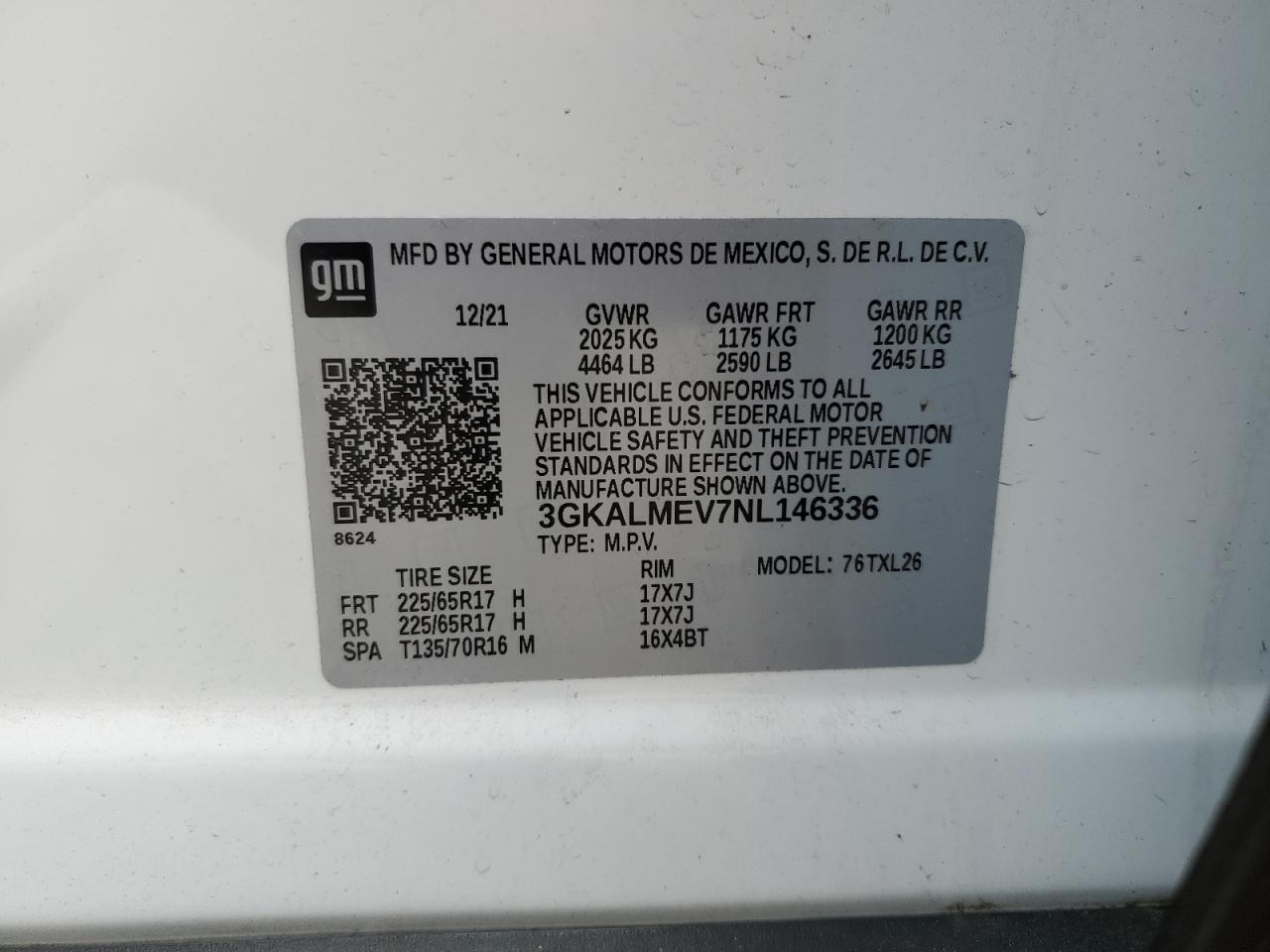 2022 GMC TERRAIN SLE VIN:3GKALMEV7NL146336