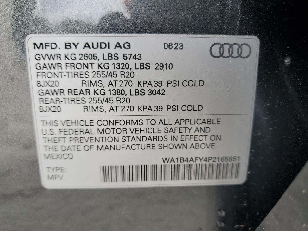 2023 AUDI SQ5 PREMIUM PLUS VIN:WA1B4AFY4P2165851