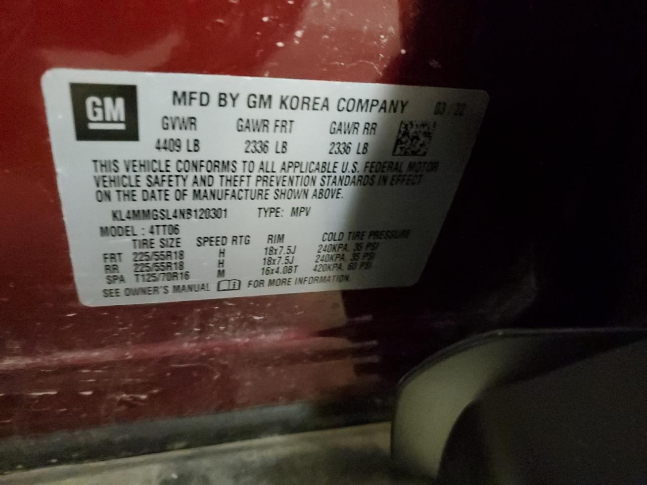 2022 BUICK ENCORE GX ESSENCE VIN:KL4MMGSL4NB120301