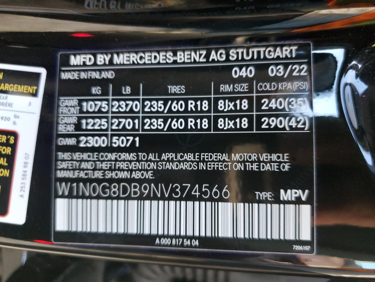 2022 MERCEDES-BENZ GLC 300 VIN:W1N0G8DB9NV374566