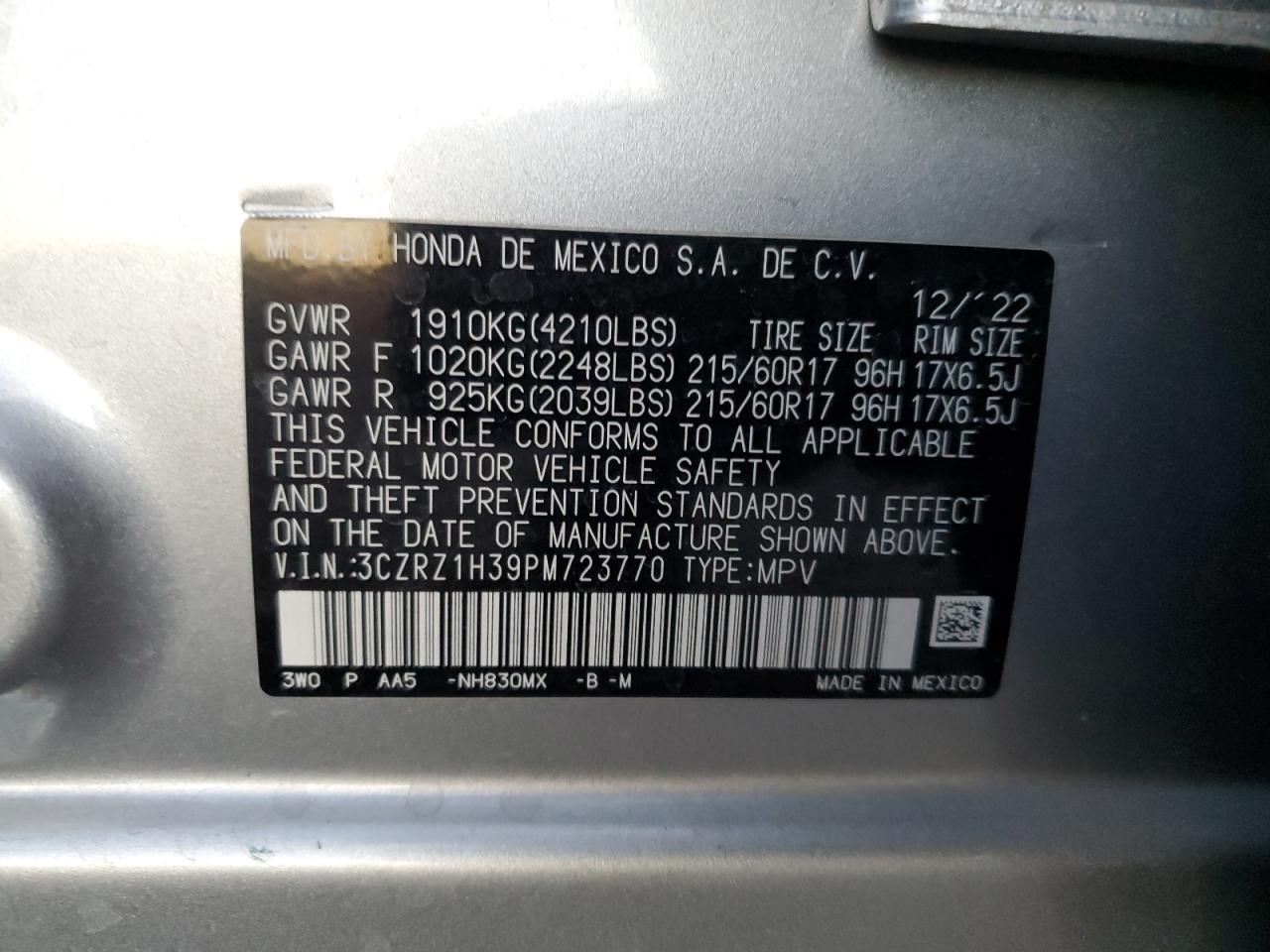 2023 HONDA HR-V LX VIN:3CZRZ1H39PM723770