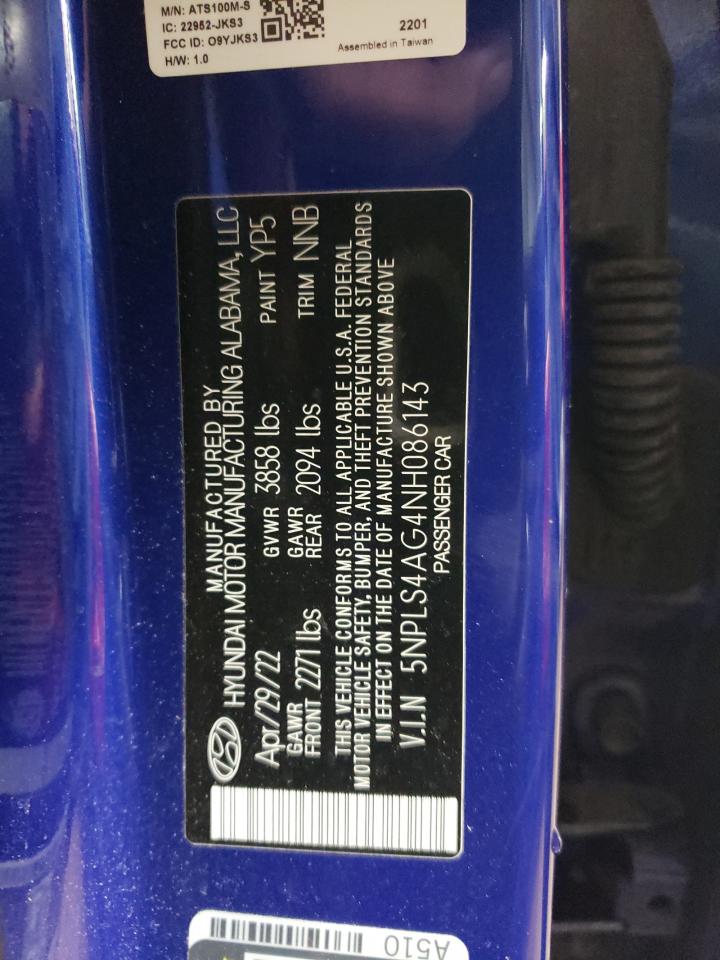 2022 HYUNDAI ELANTRA SEL VIN:5NPLS4AG4NH086143