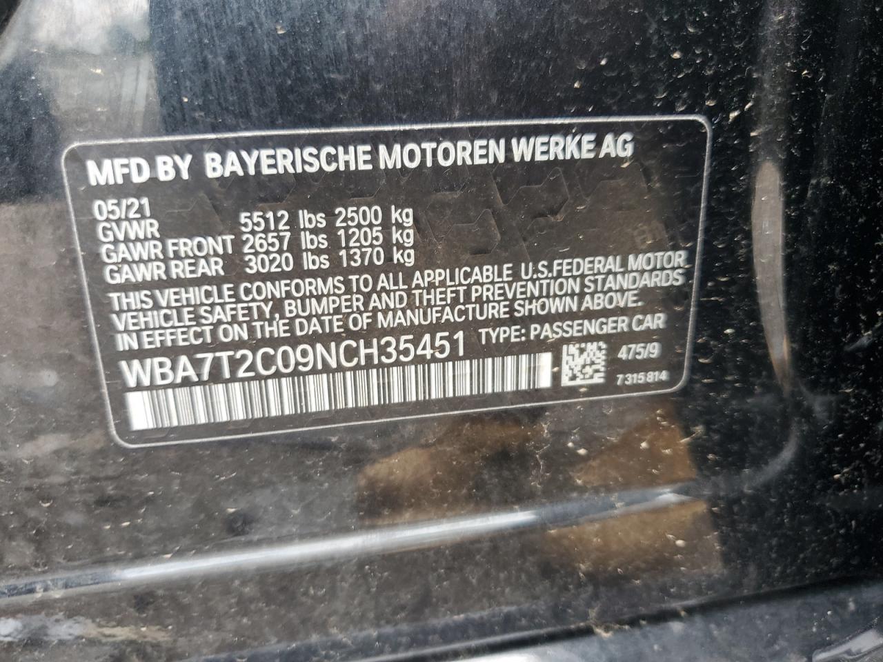 2022 BMW 740 I VIN:WBA7T2C09NCH35451