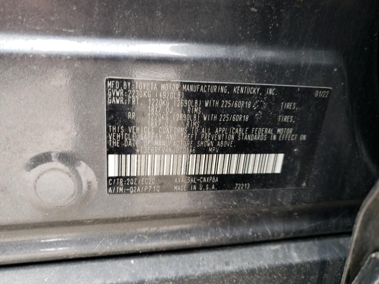 2022 TOYOTA RAV4 XSE VIN:4T3E6RFV4NU070146