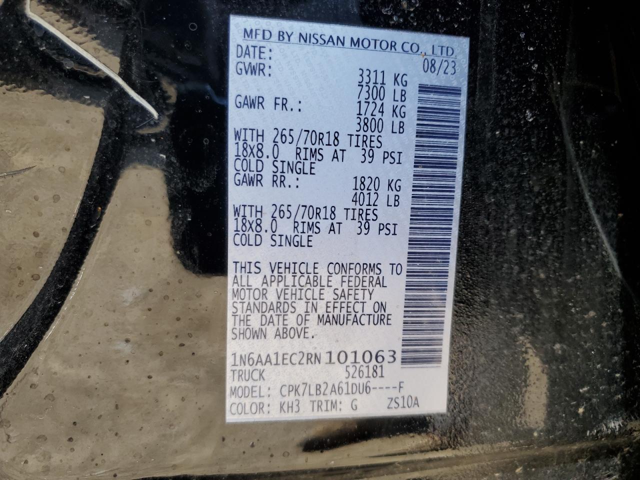 2024 NISSAN TITAN SV VIN:1N6AA1EC2RN101063