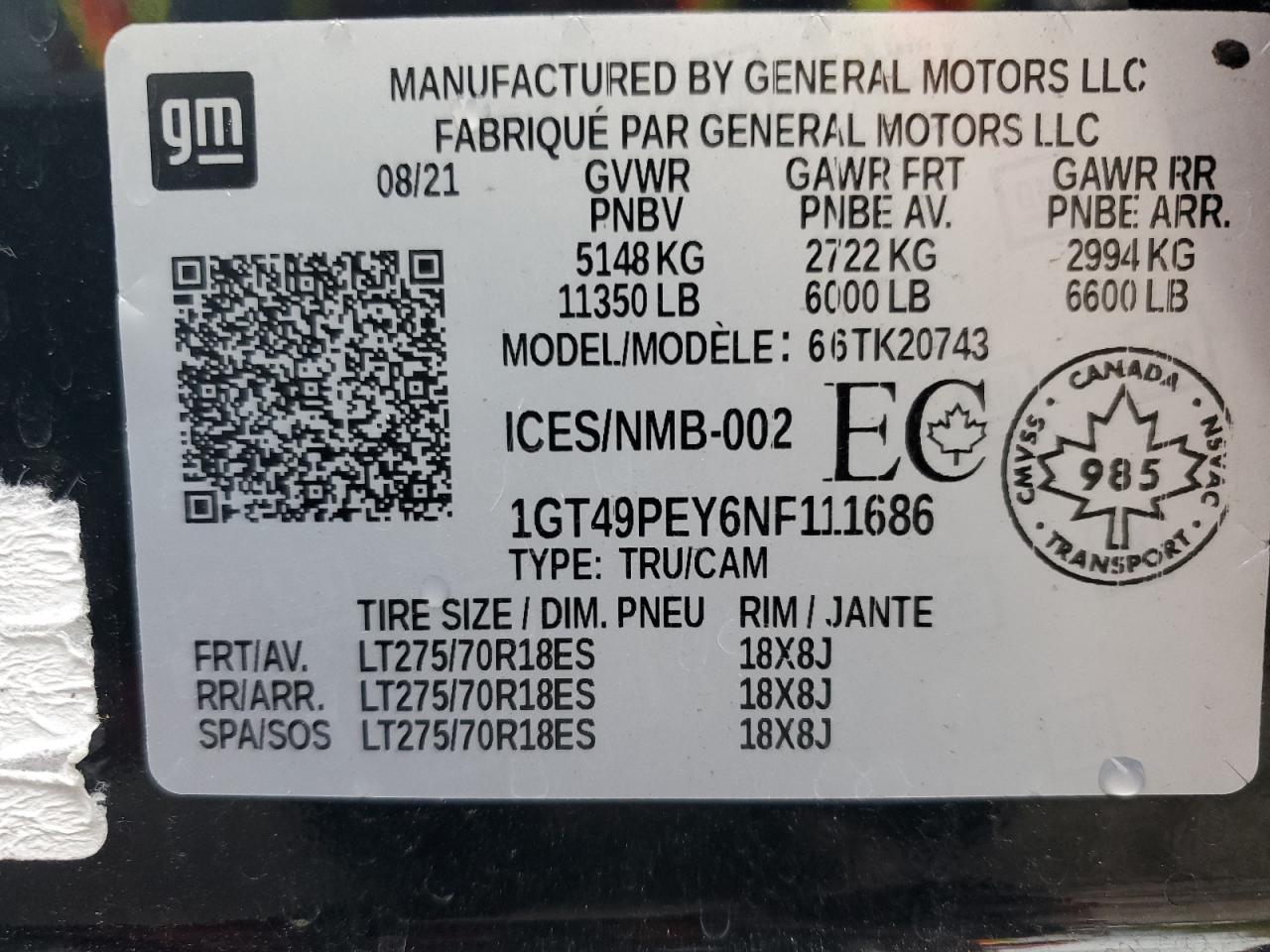 2022 GMC SIERRA K2500 AT4 VIN:1GT49PEY6NF111686