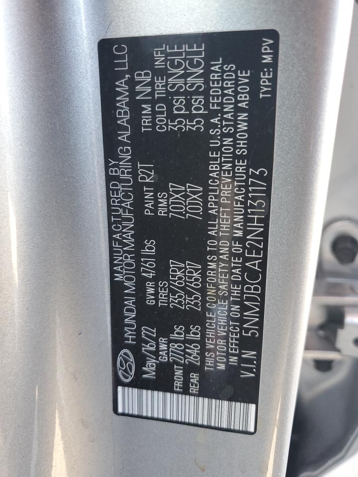 2022 HYUNDAI TUCSON SEL VIN:5NMJBCAE2NH131173